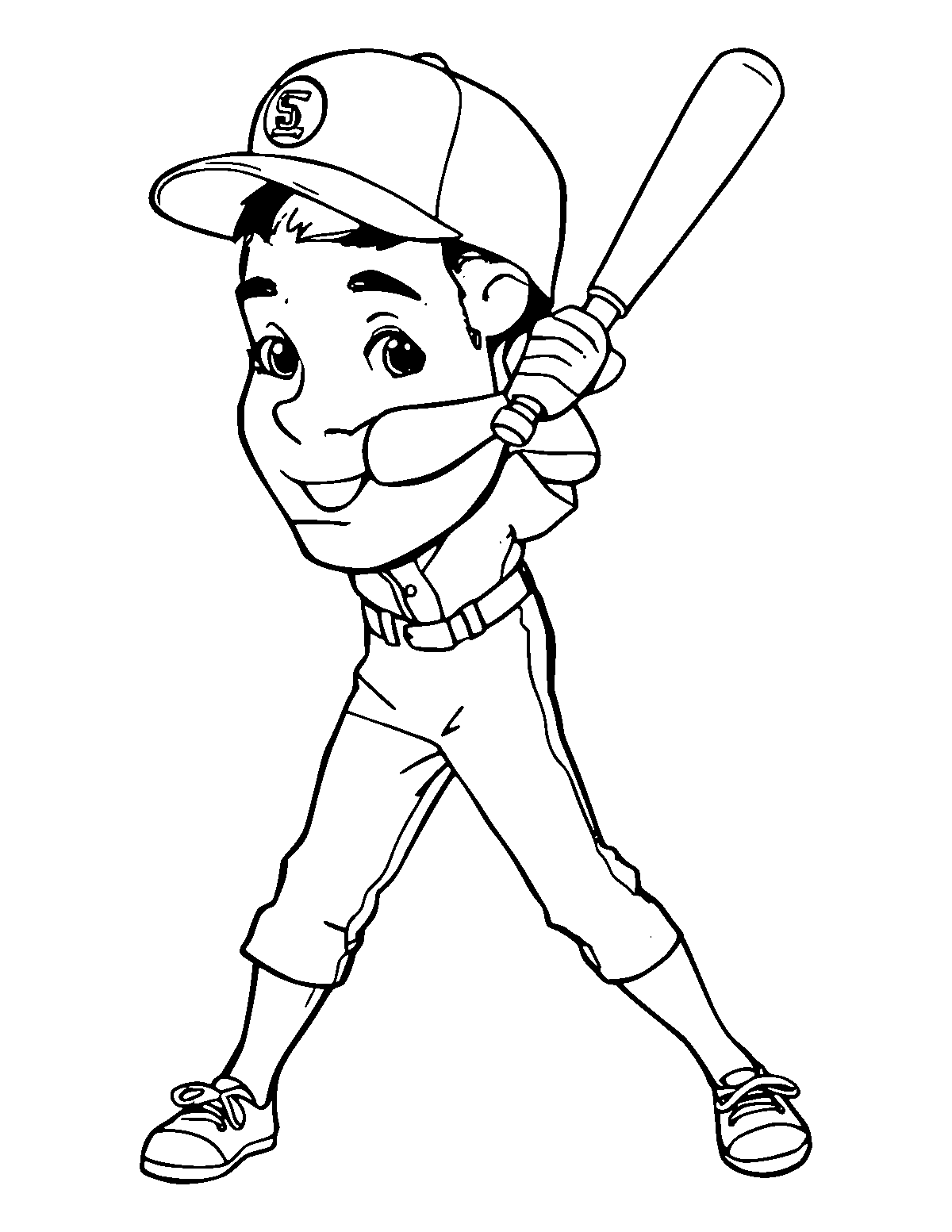 Line-art coloring page of Baseball Player, medium outlines, centered