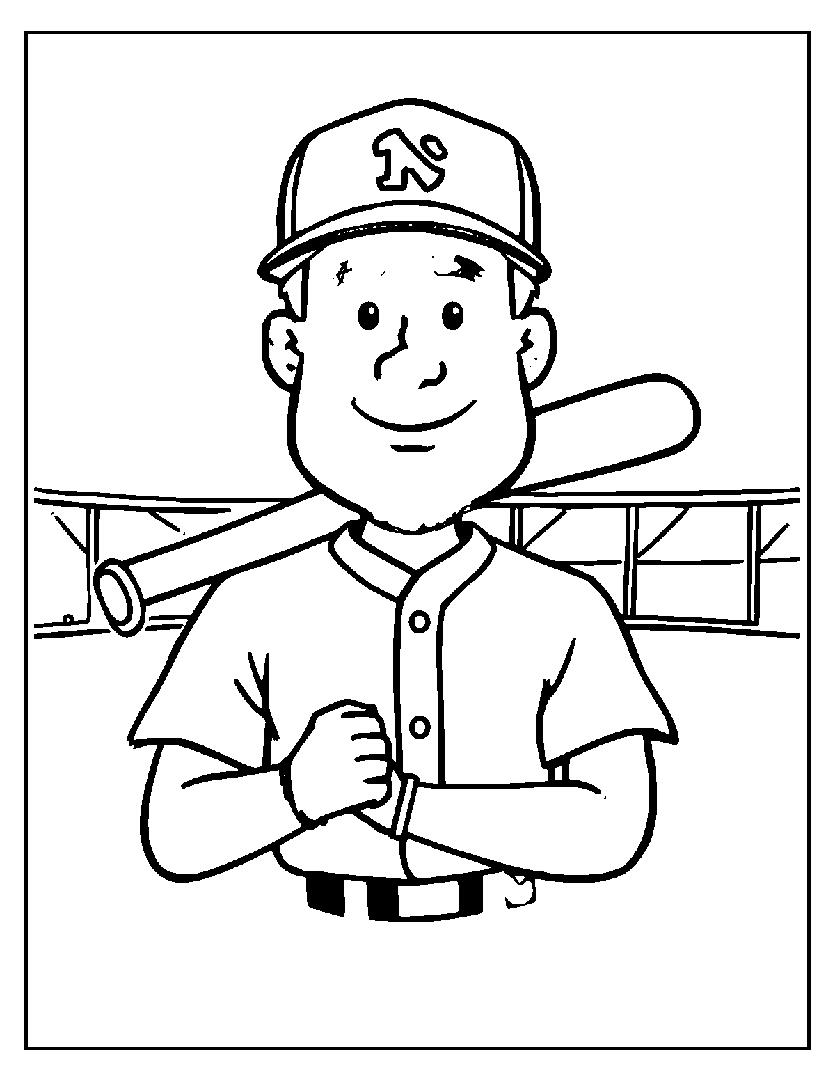 Line-art coloring page of Baseball Player, thick outlines, centered