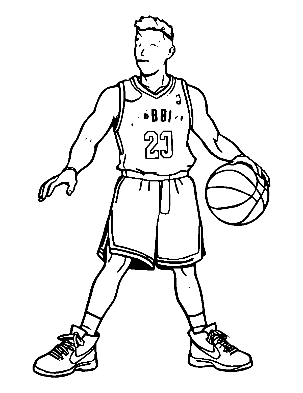 Line-art coloring page of Basketball Player, medium outlines, centered