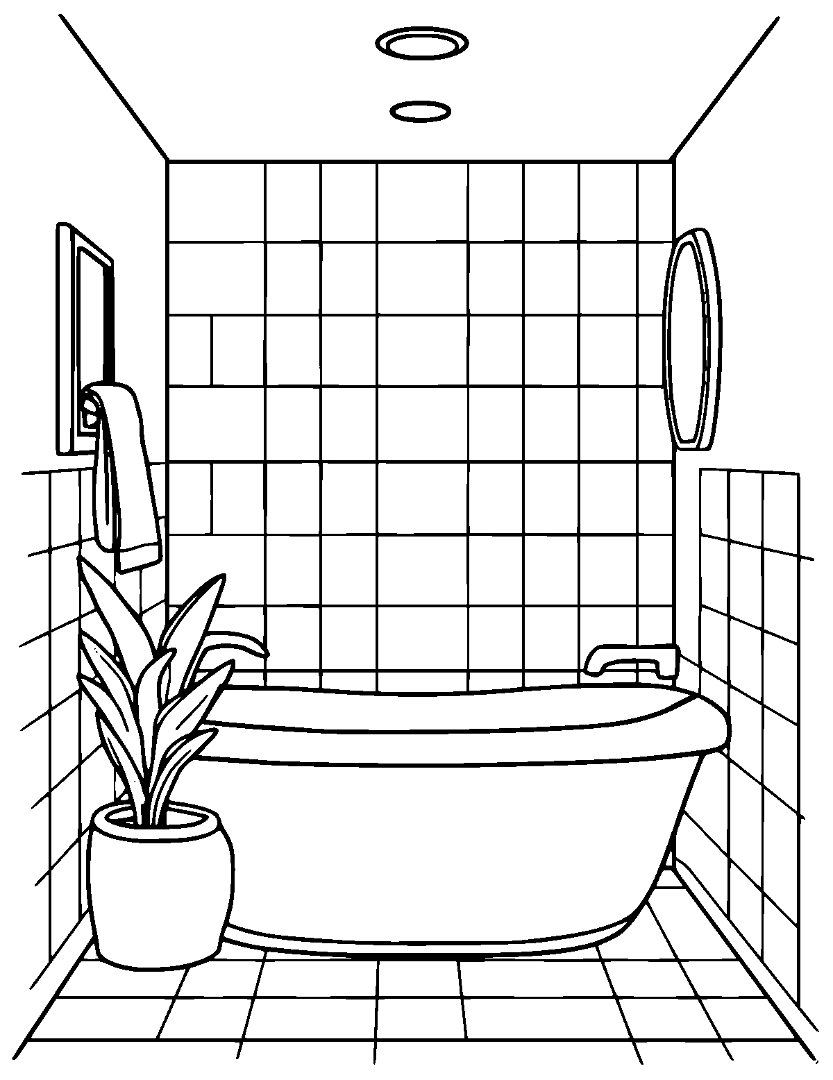 Line-art coloring page of Bathroom, medium outlines, centered