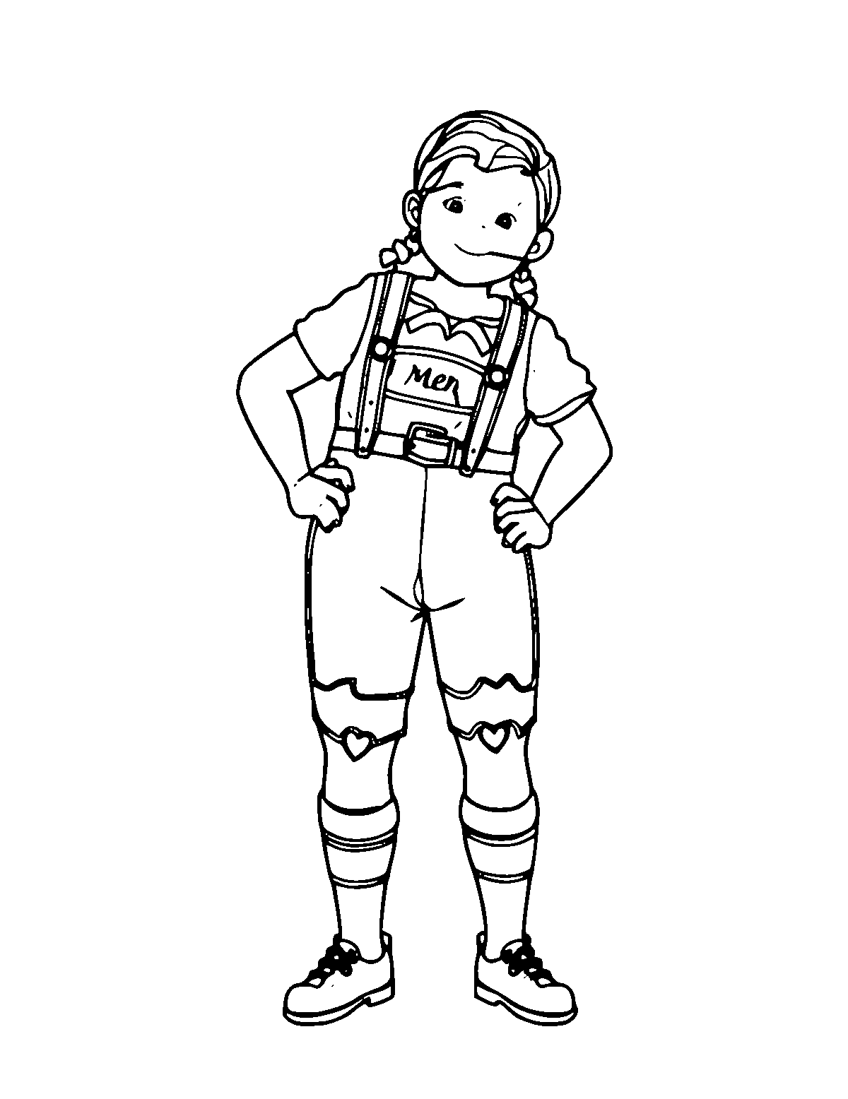 Line-art coloring page of Bavarian Lederhosen, medium outlines, centered