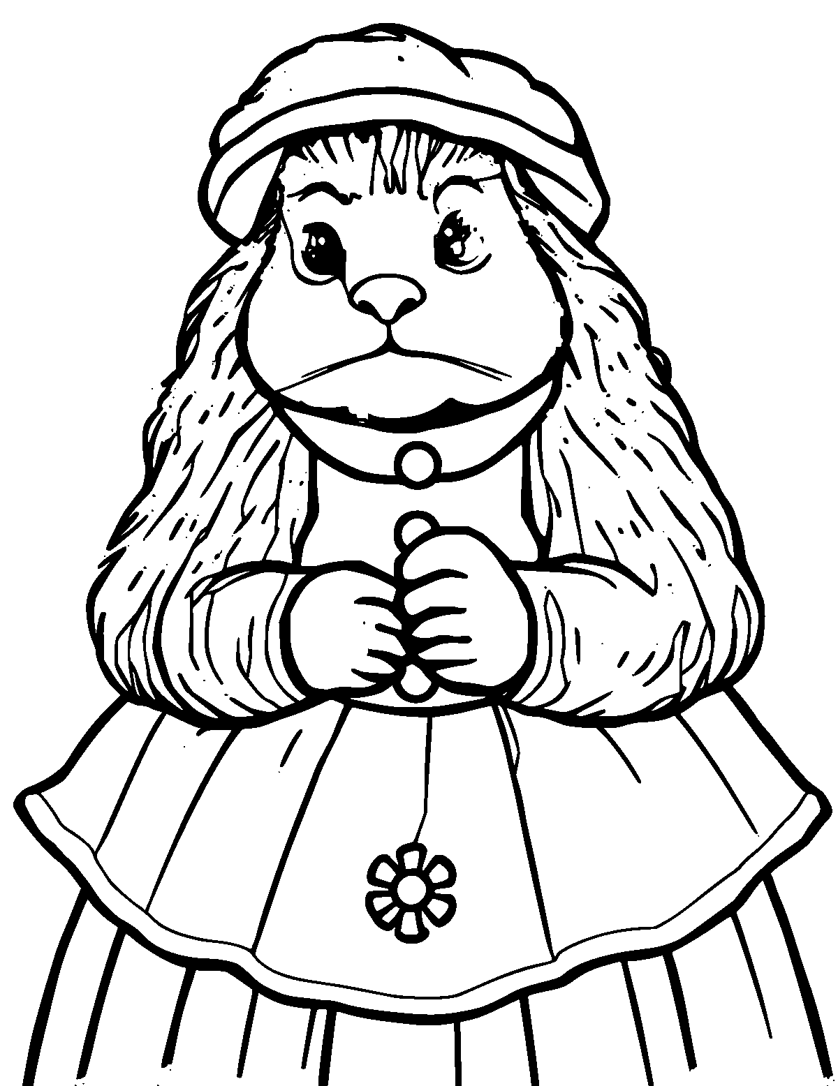 Line-art coloring page of Beatrix Potter, thick outlines, centered