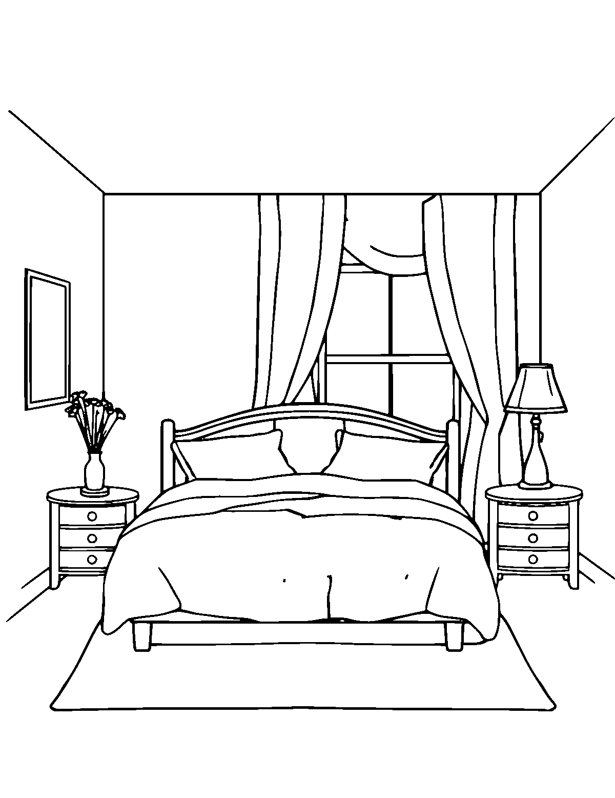 Line-art coloring page of Bedroom, medium outlines, centered