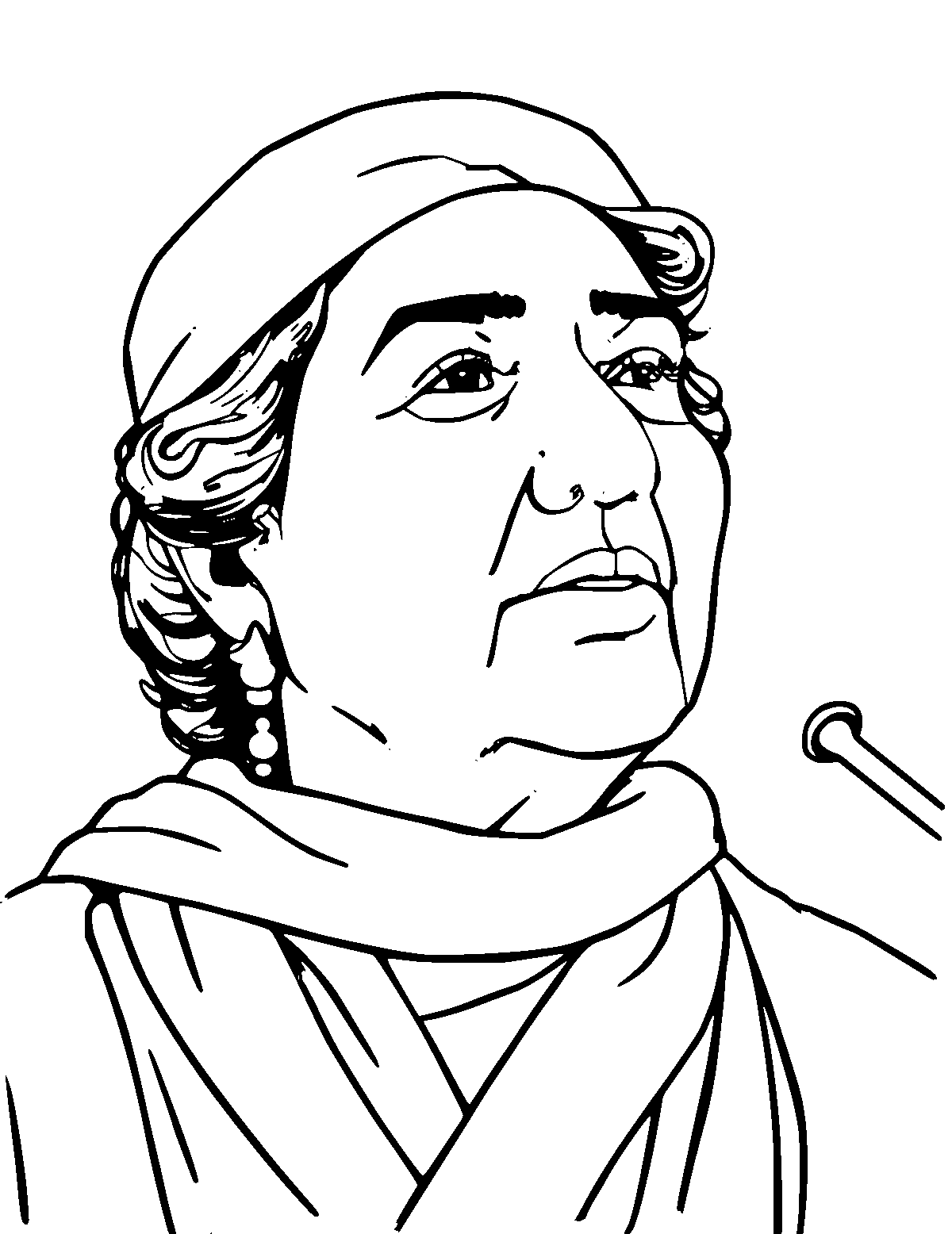 Line-art coloring page of Benazir Bhutto, medium outlines, centered