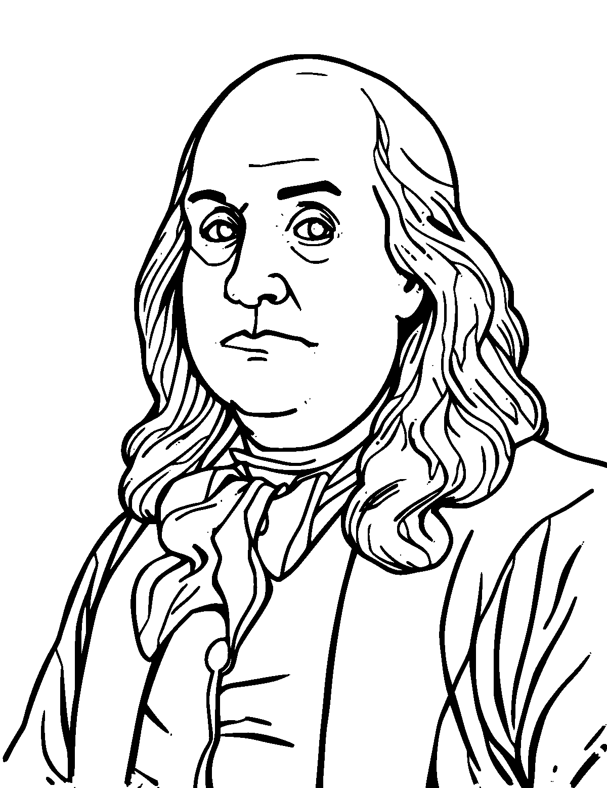 Line-art coloring page of Benjamin Franklin, medium outlines, centered