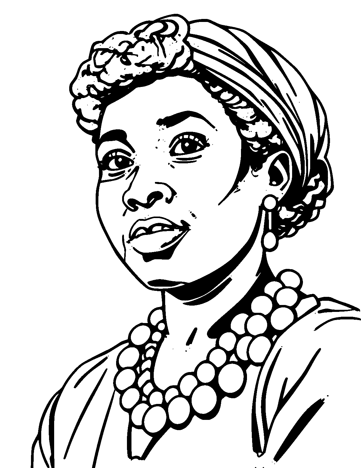 Line-art coloring page of Bessie Coleman, thick outlines, centered