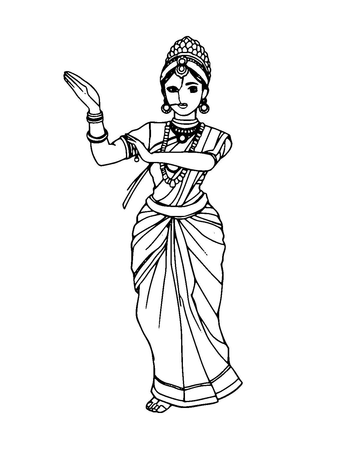 Line-art coloring page of Bharatanatyam Dance, medium outlines, centered