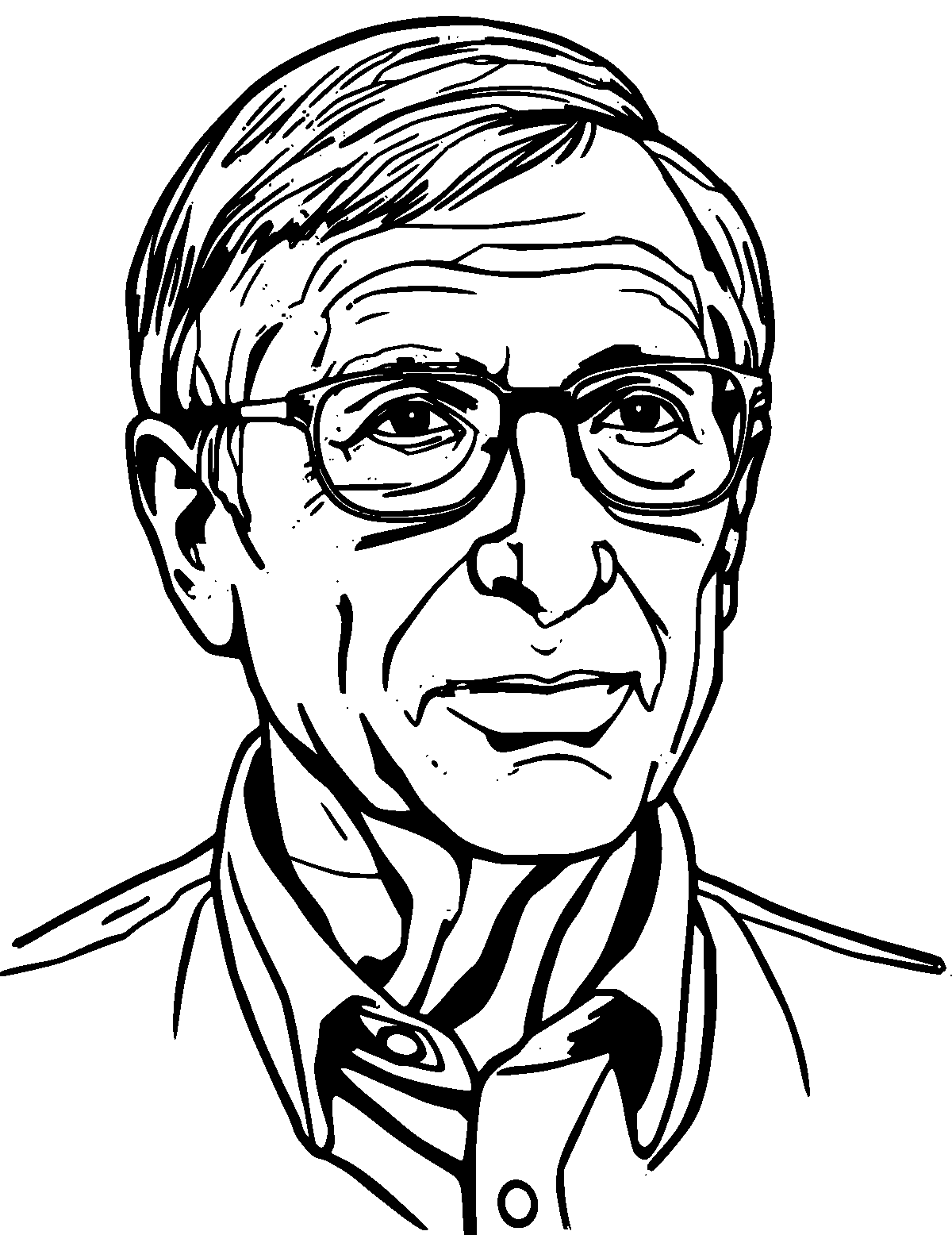 Line-art coloring page of Bill Gates, thick outlines, centered