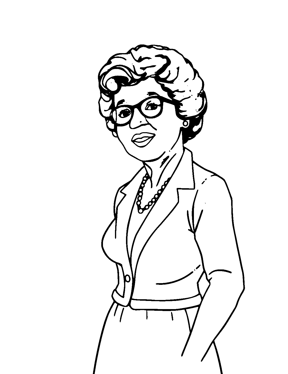 Line-art coloring page of Billie Jean King, medium outlines, centered