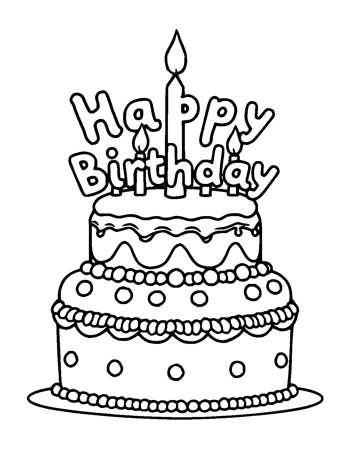 Line-art coloring page of Birthday, thick outlines, centered