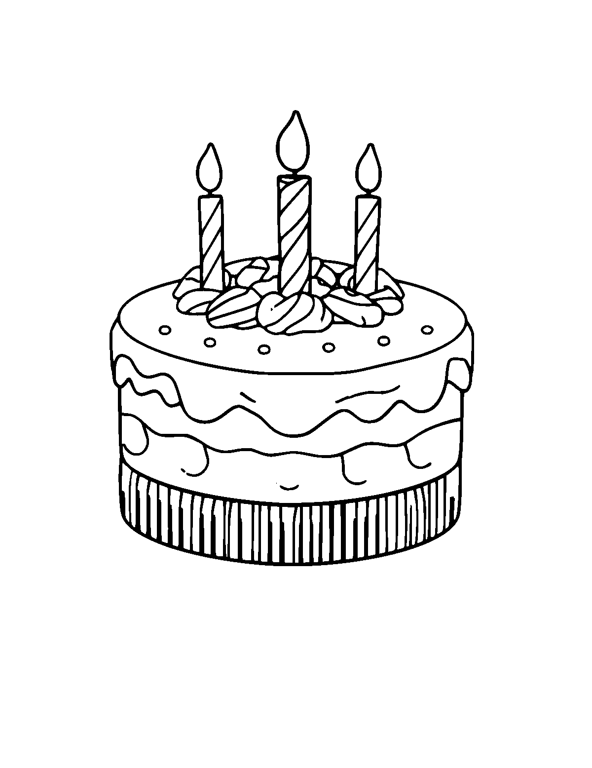 Line-art coloring page of Birthday Cake, medium outlines, centered