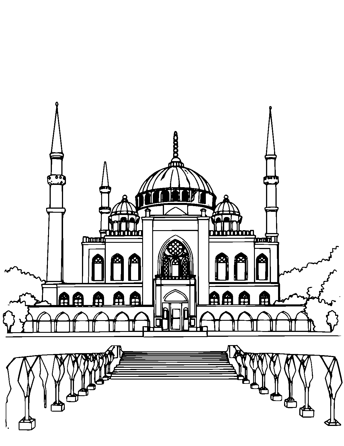 Line-art coloring page of Blue Mosque of Istanbul, medium outlines, centered