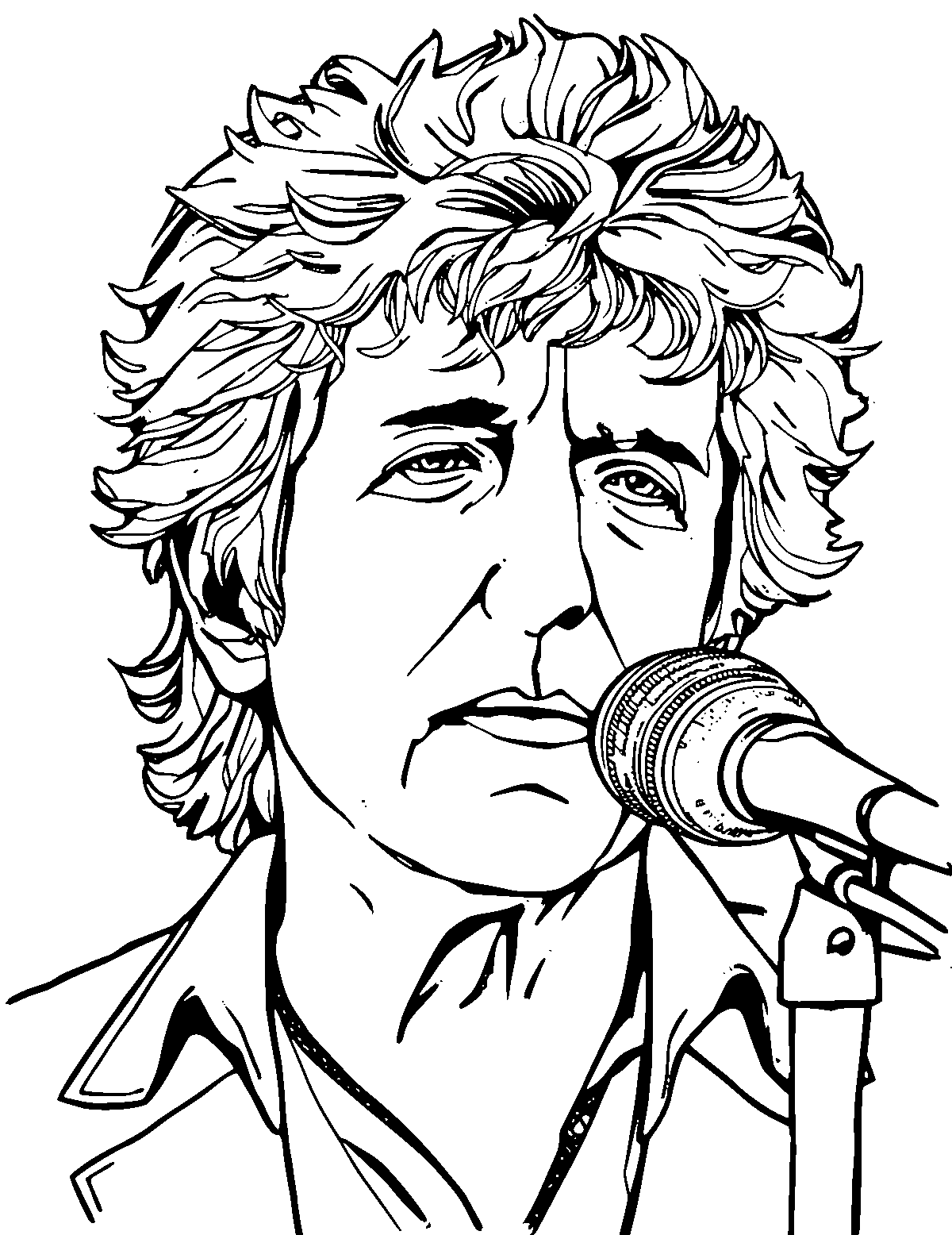 Line-art coloring page of Bob Dylan, medium outlines, centered