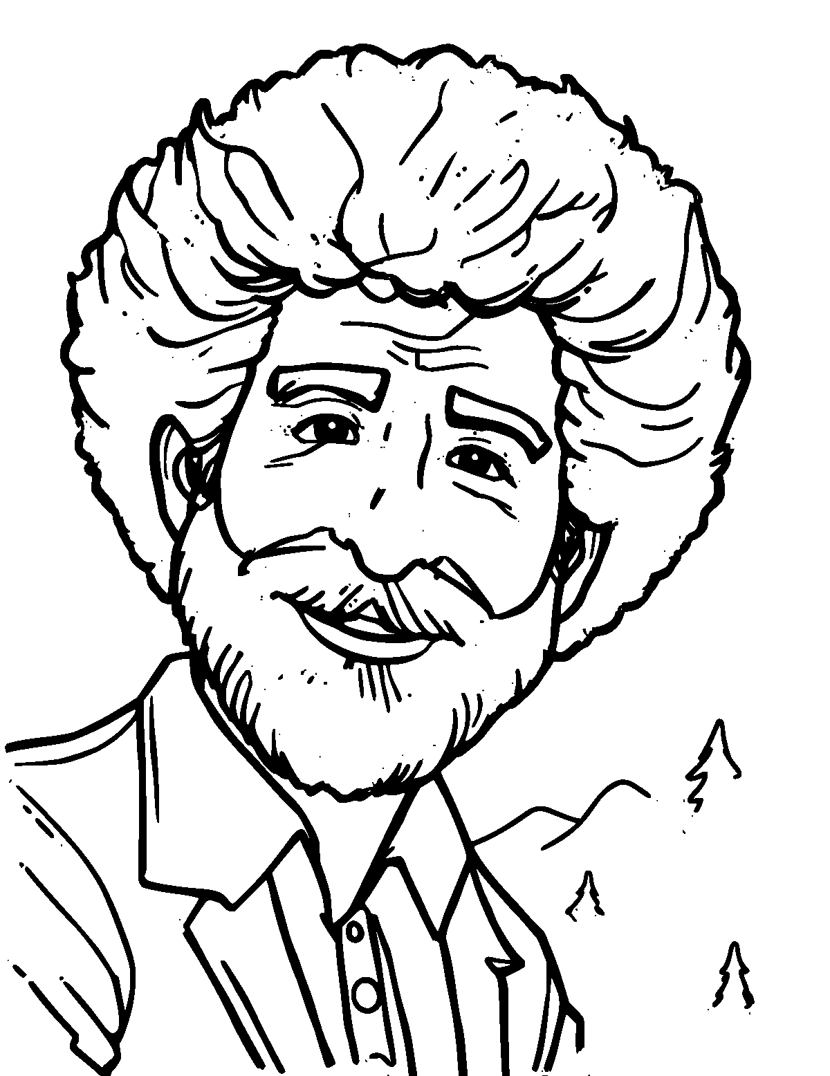 Line-art coloring page of Bob Ross, thick outlines, centered