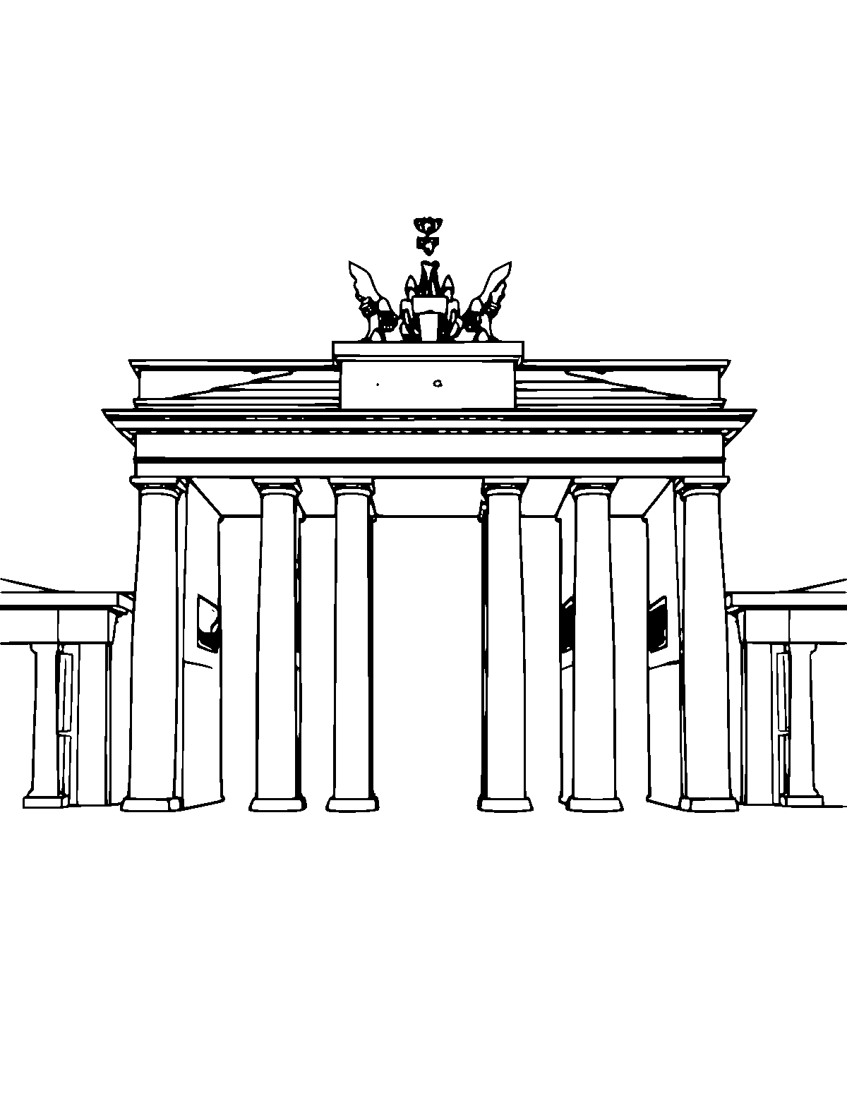 Line-art coloring page of Brandenburg Gate, medium outlines, centered