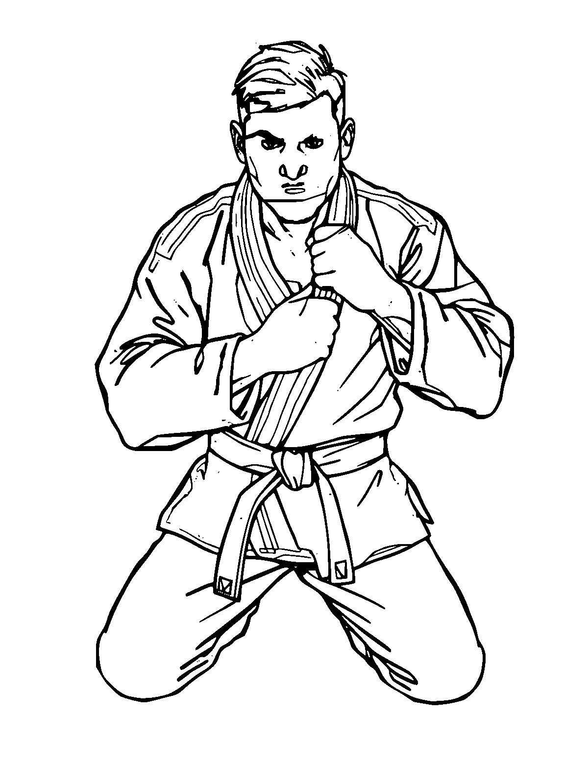 Line-art coloring page of Brazilian Jiu-jitsu Fighter, medium outlines, centered