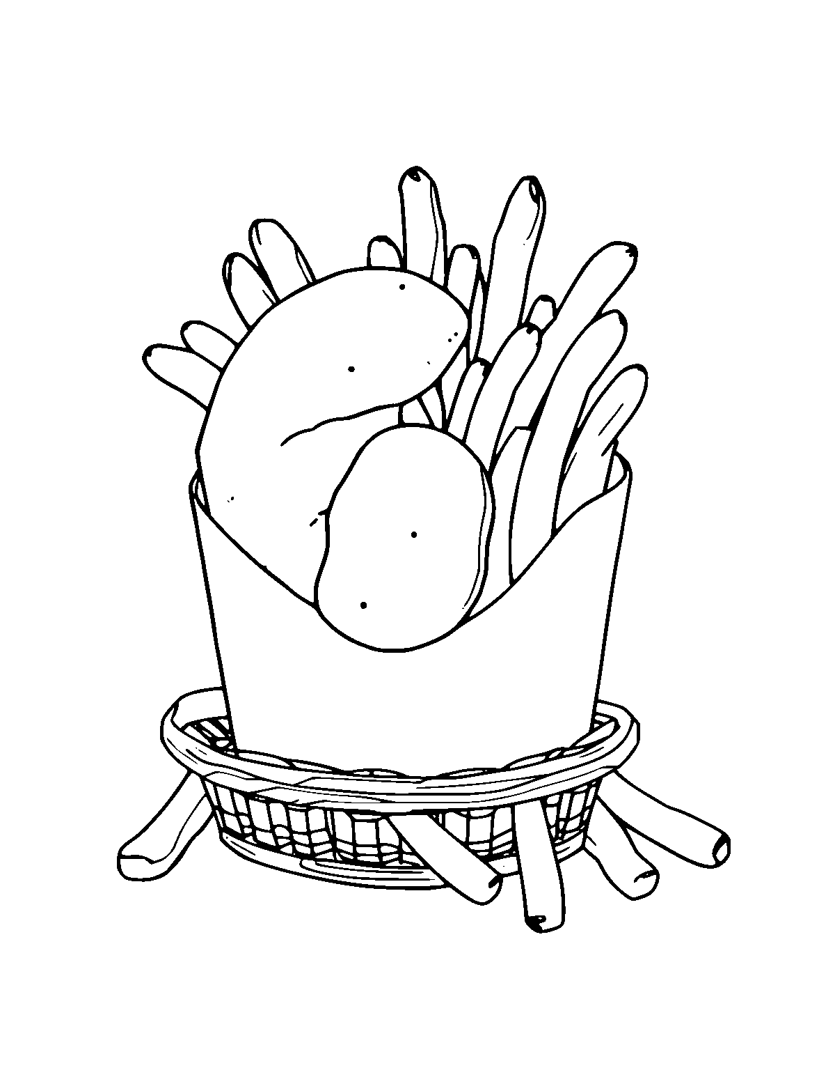 Line-art coloring page of British Fish and Chips, medium outlines, centered