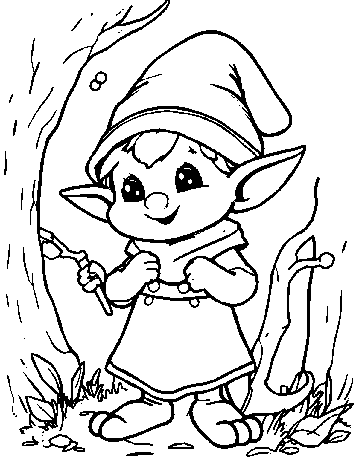 Line-art coloring page of Brownie the Helpful House Elf, medium outlines, centered