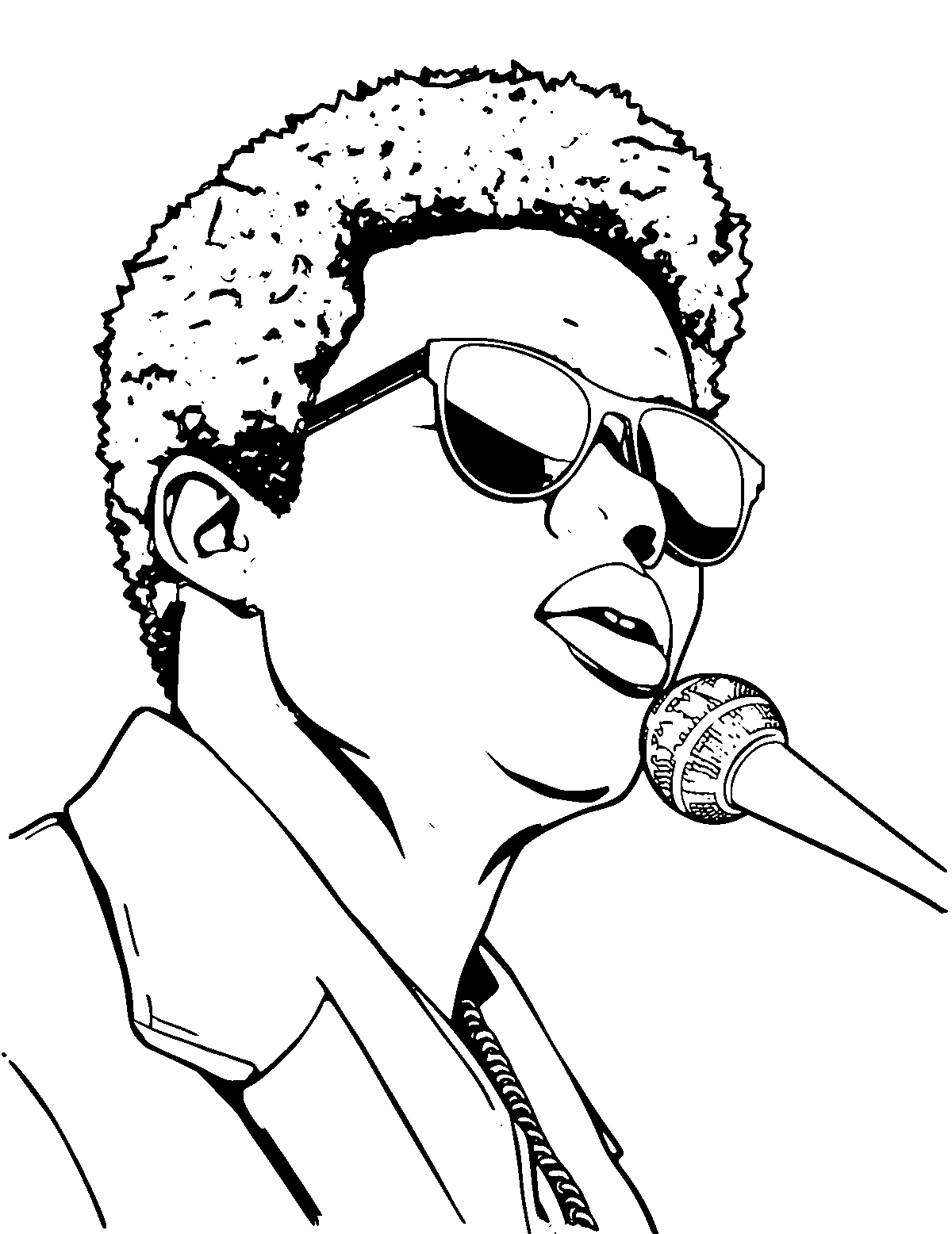 Line-art coloring page of Bruno Mars, medium outlines, centered