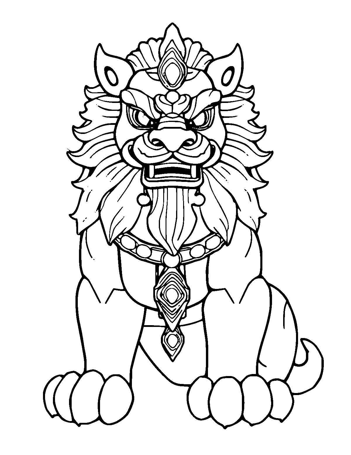 Line-art coloring page of Buddhist Guardian Lion, medium outlines, centered