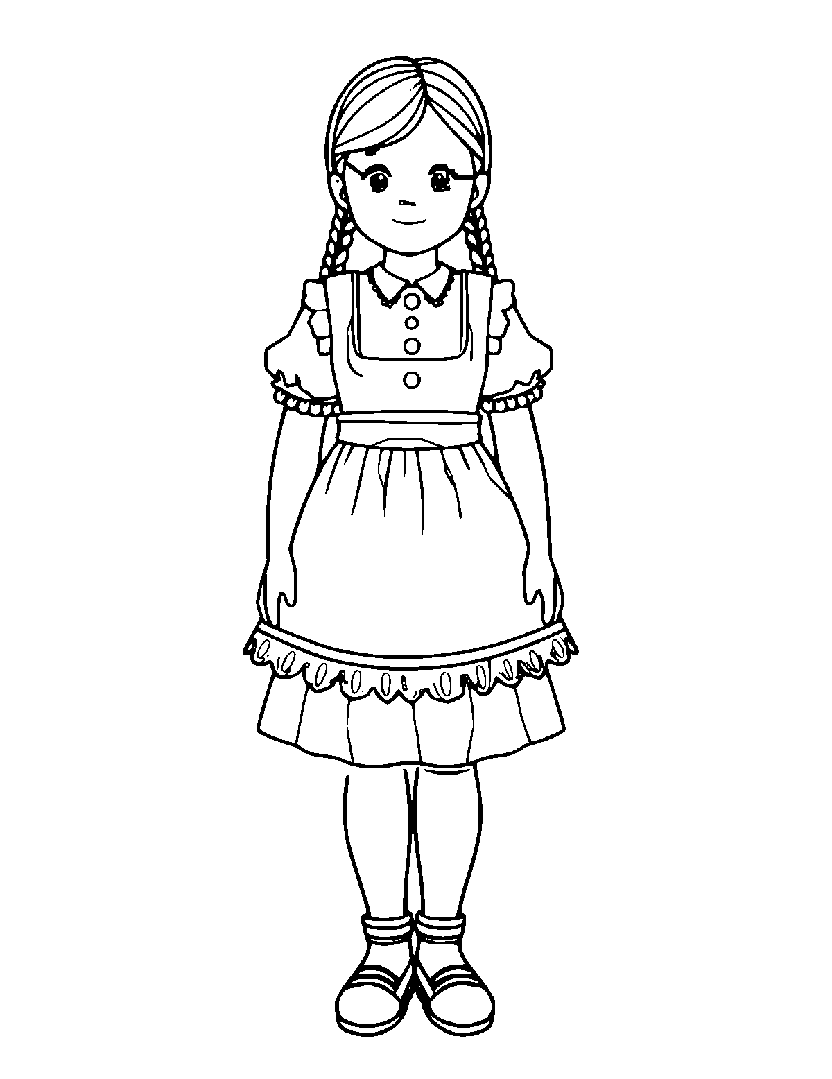 Line-art coloring page of Bunad Norwegian Folk Dress, medium outlines, centered