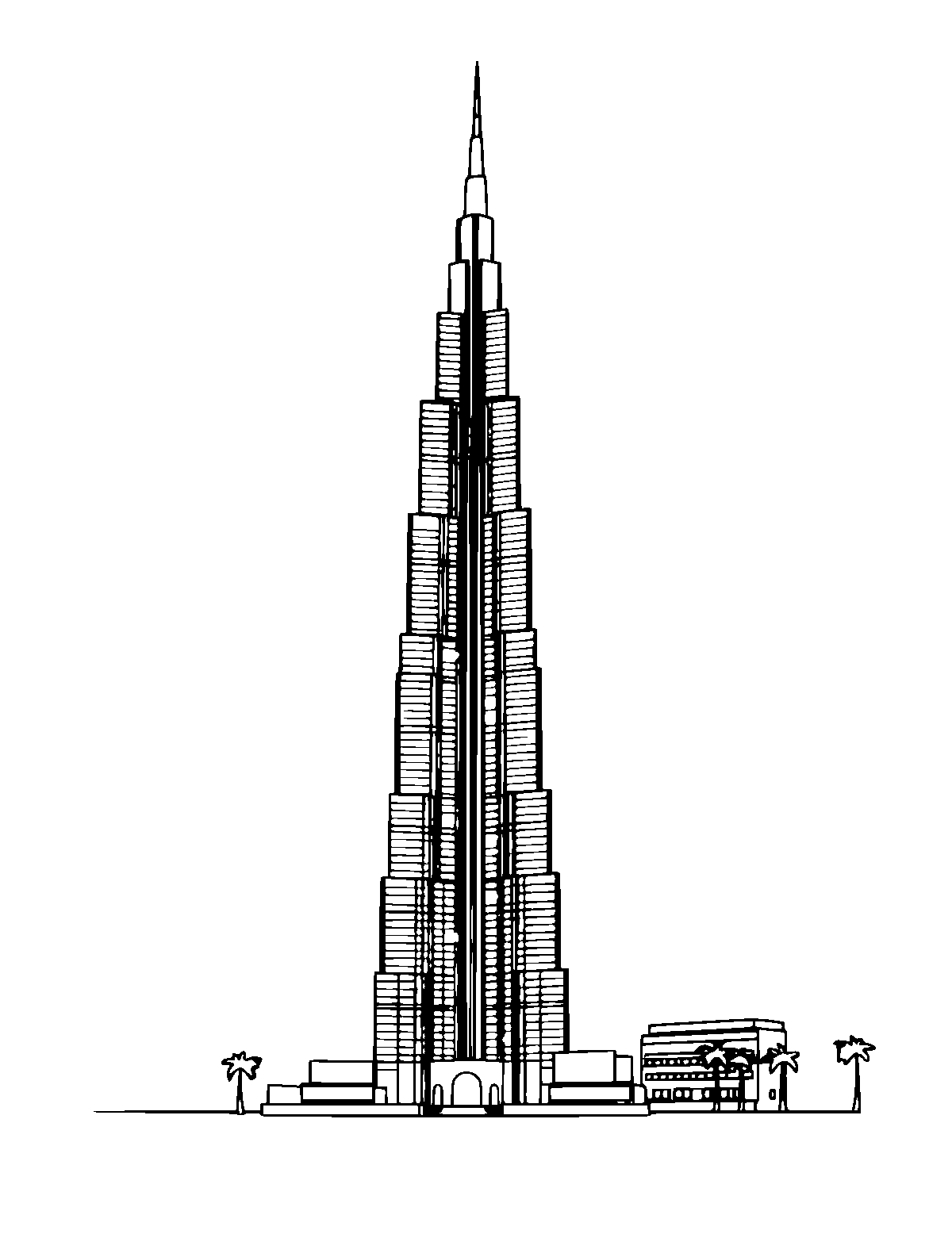 Line-art coloring page of Burj Khalifa, medium outlines, centered