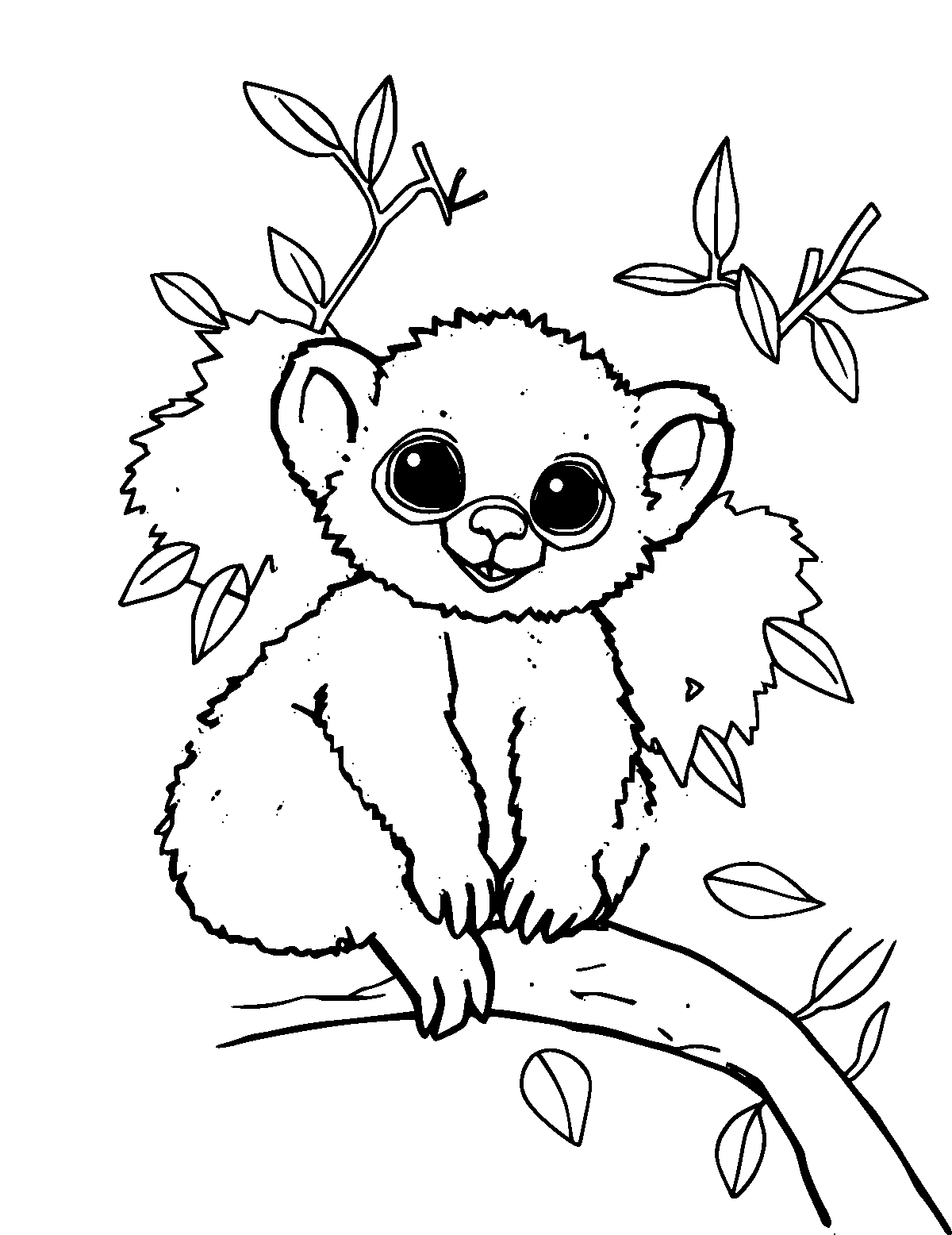 Line-art coloring page of Bush Baby, medium outlines, centered