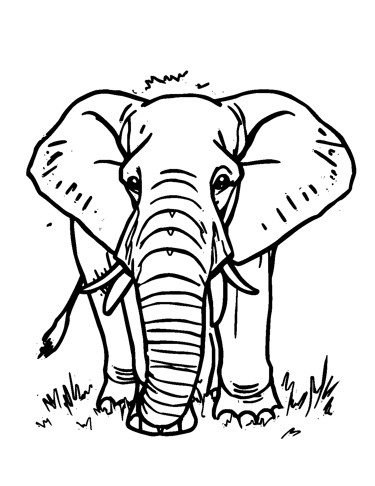 Line-art coloring page of Bush Elephant, thick outlines, centered