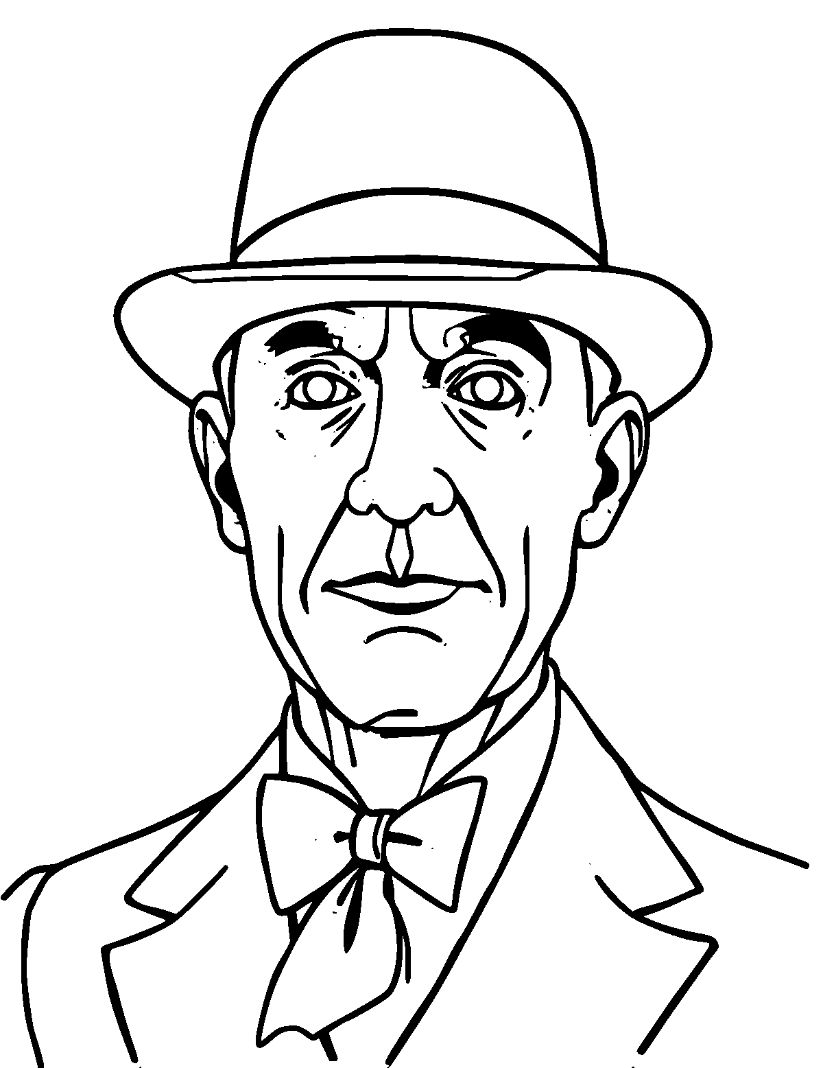 Line-art coloring page of Buster Keaton, thick outlines, centered