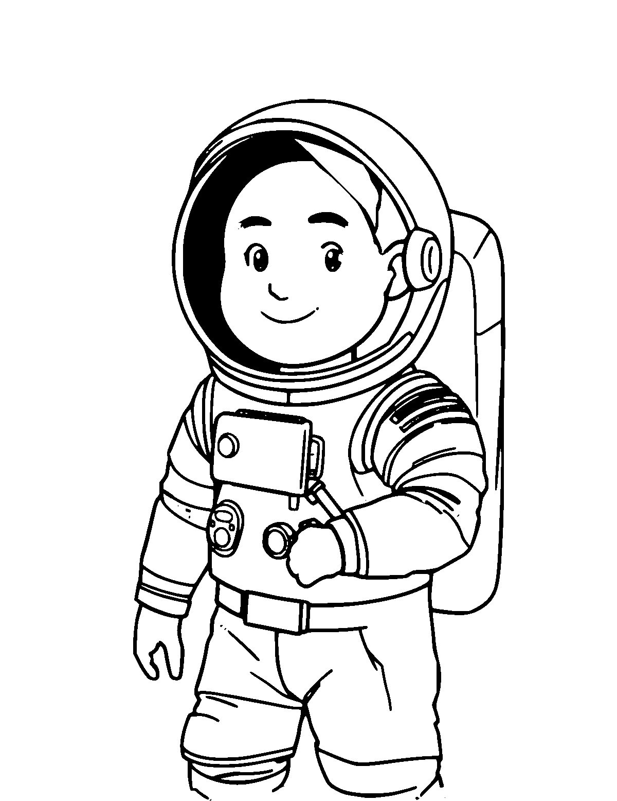Line-art coloring page of Buzz Aldrin, medium outlines, centered