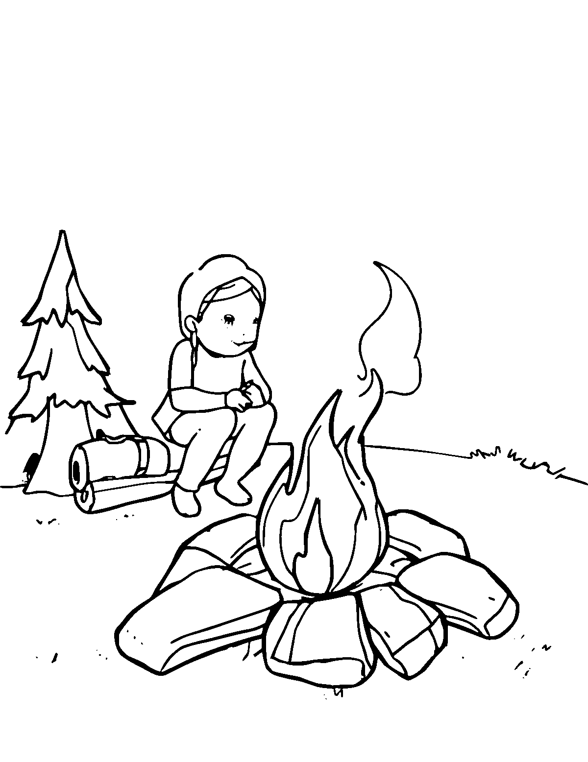 Line-art coloring page of Campfire, medium outlines, centered