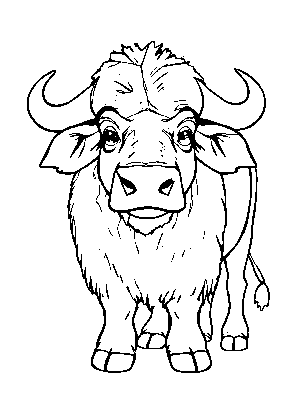 Line-art coloring page of Cape Buffalo, medium outlines, centered
