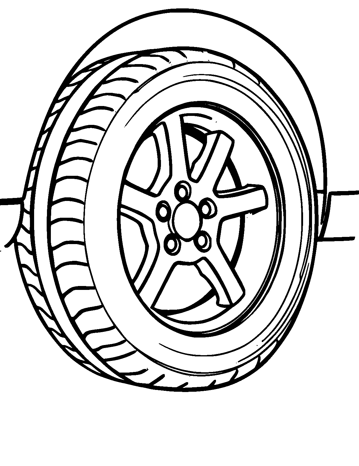 Line-art coloring page of Car Tire, thick outlines, centered