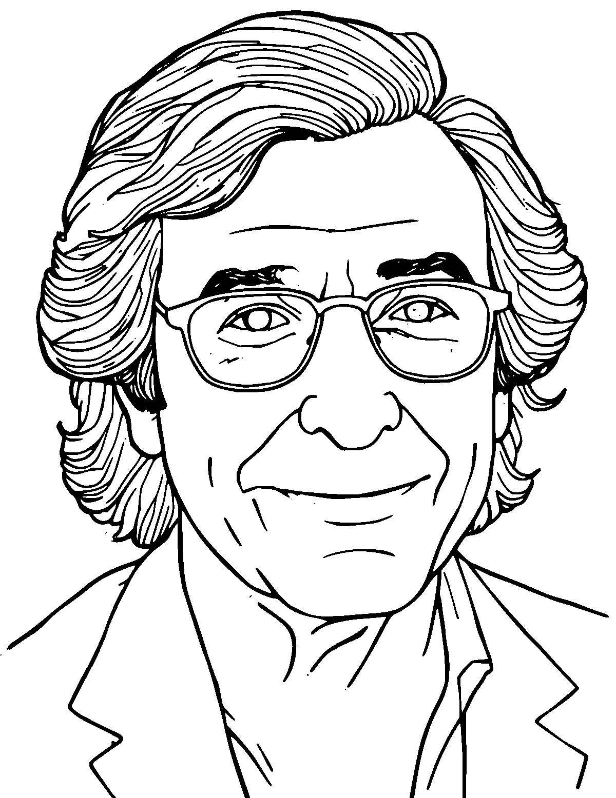 Line-art coloring page of Carl Sagan, medium outlines, centered