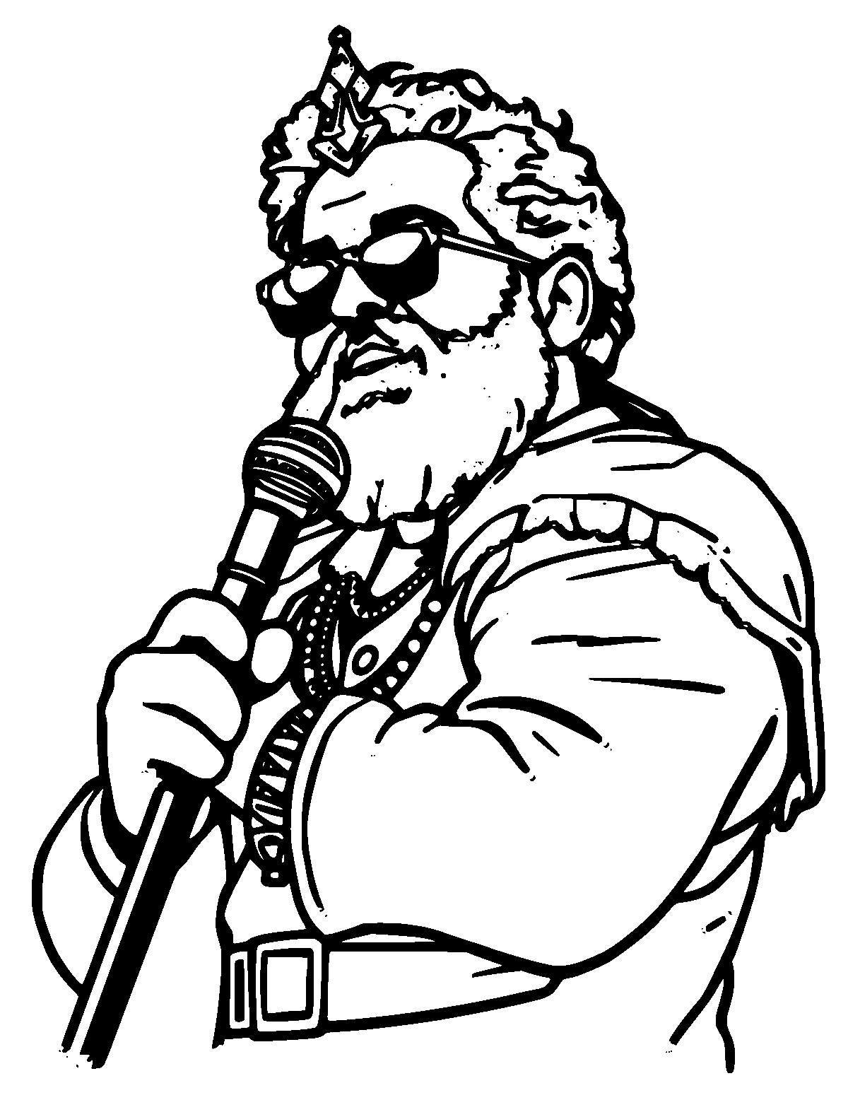 Line-art coloring page of Carlos Santana, thick outlines, centered