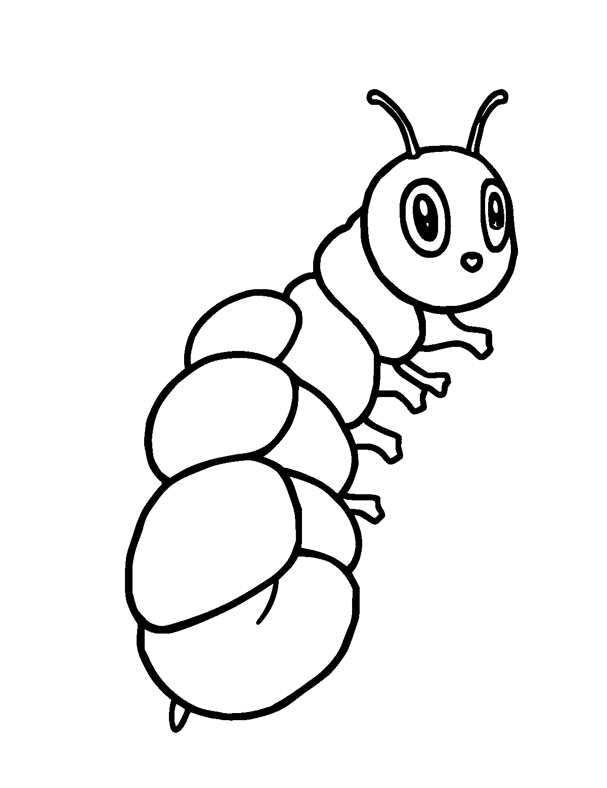 Line-art coloring page of Caterpillar, thick outlines, centered