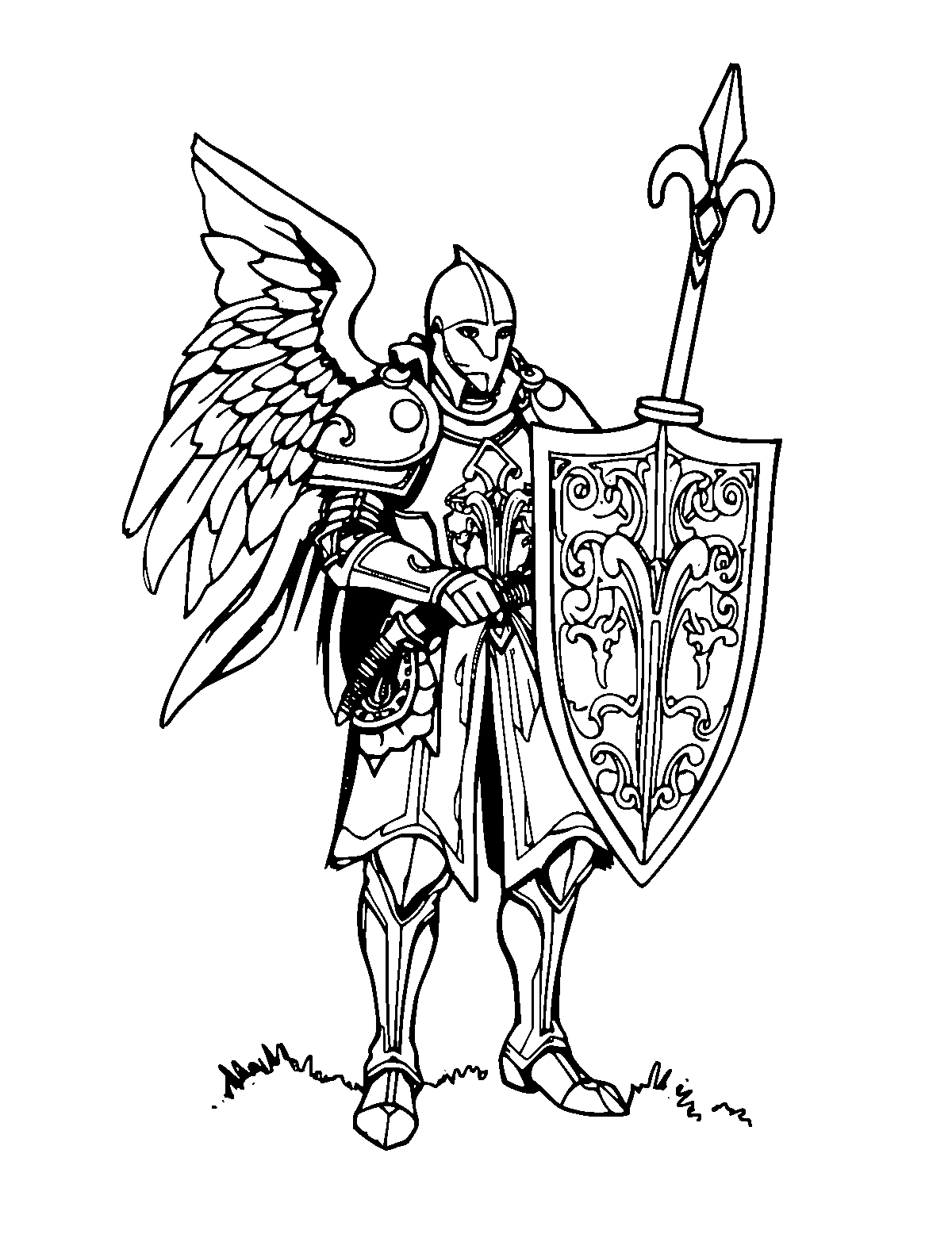 Line-art coloring page of Celtic Fae Knight, medium outlines, centered