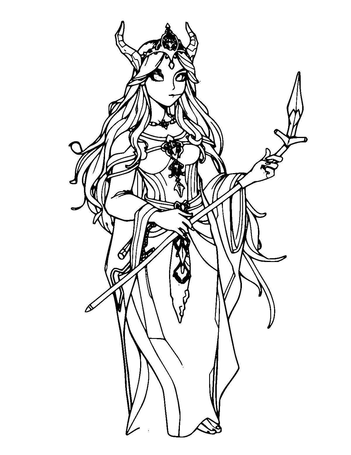 Line-art coloring page of Cerridwen the Enchantress, medium outlines, centered