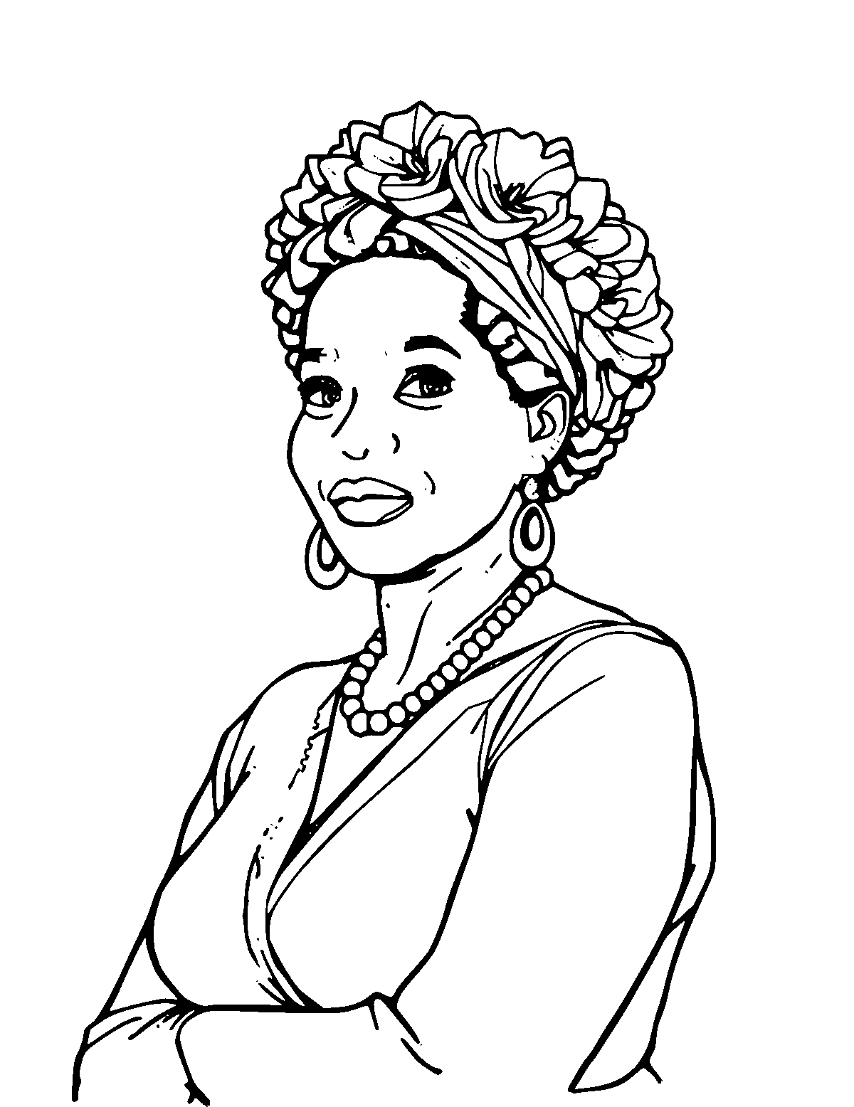 Line-art coloring page of Cesaria Evora, medium outlines, centered