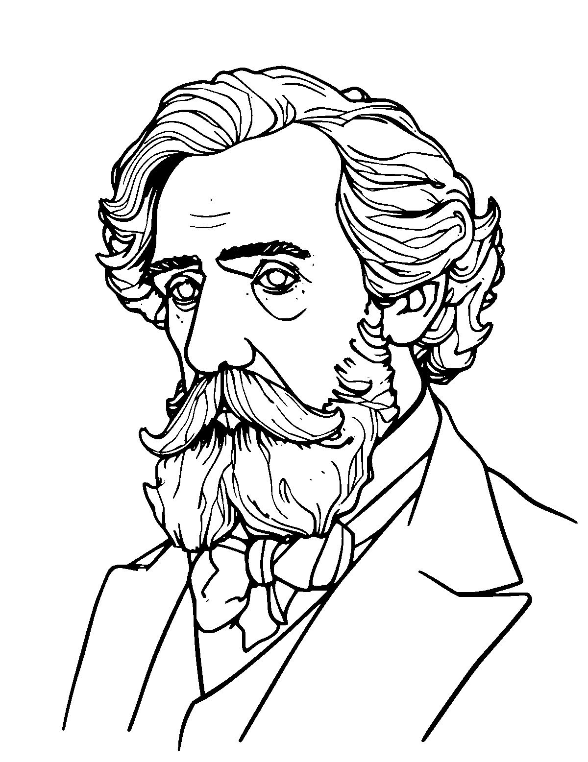 Line-art coloring page of Charles Dickens, medium outlines, centered