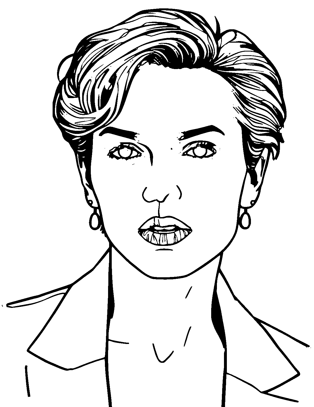 Line-art coloring page of Charlize Theron, medium outlines, centered