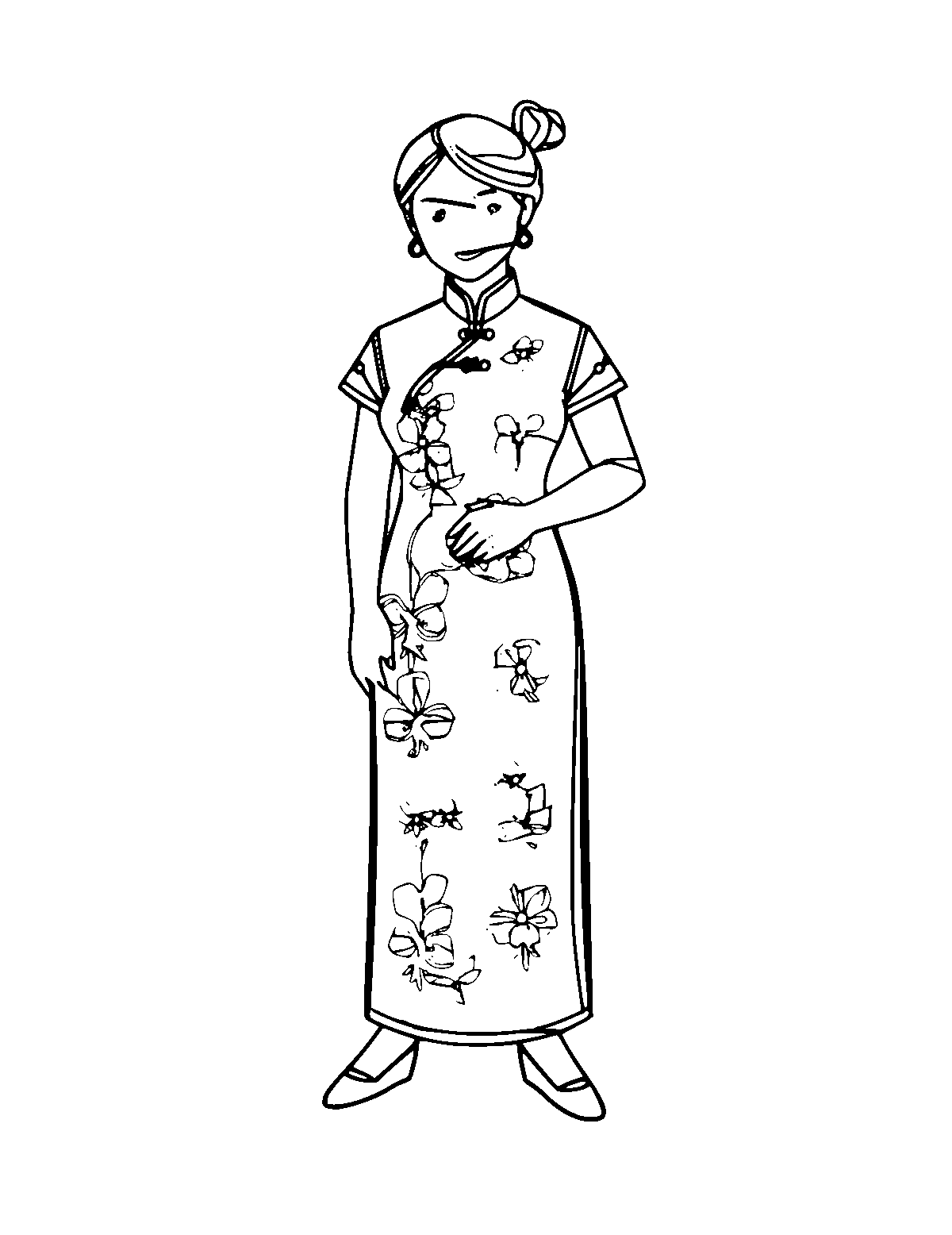 Line-art coloring page of Cheongsam (Qipao), medium outlines, centered