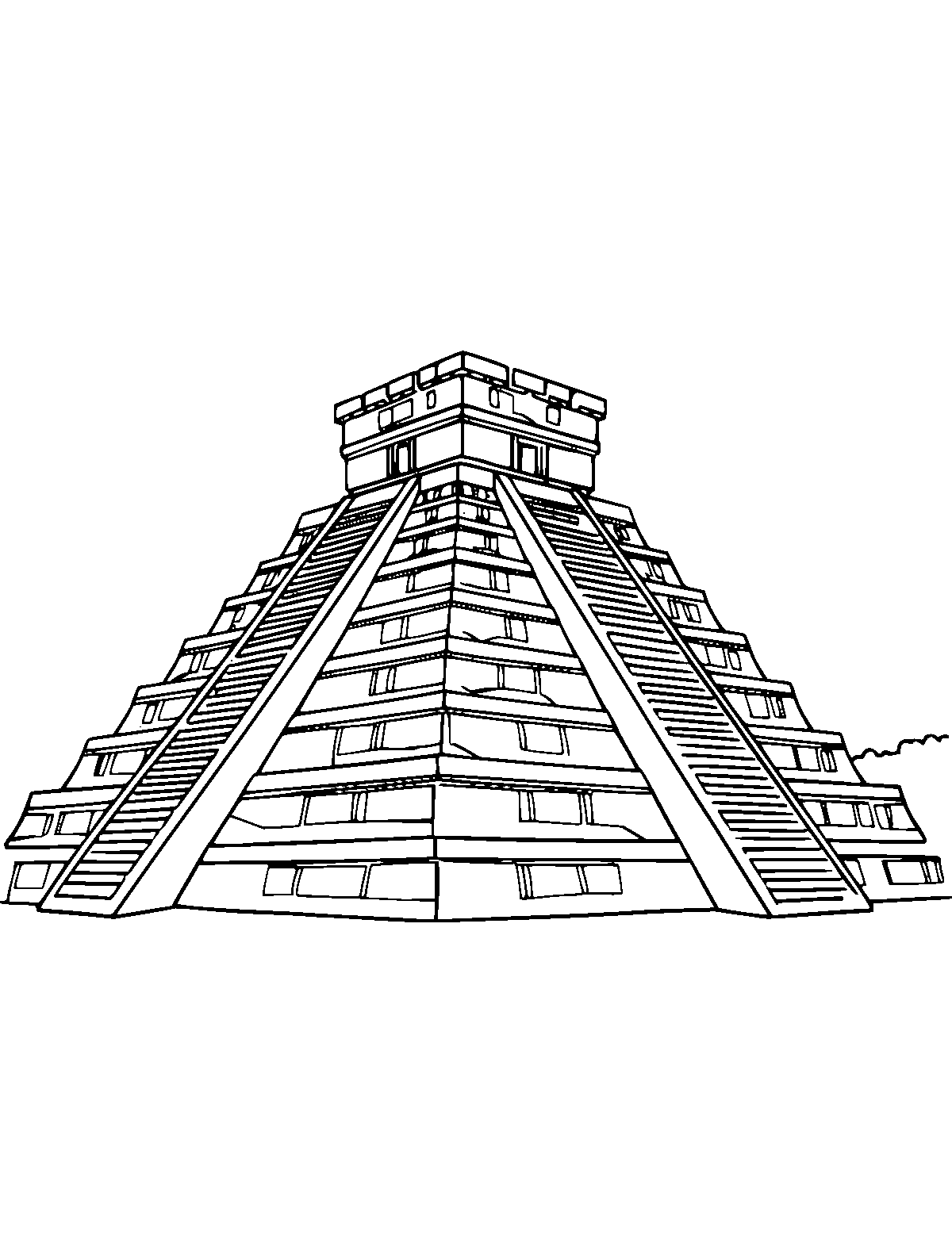 Line-art coloring page of Chichen Itza Pyramid, medium outlines, centered