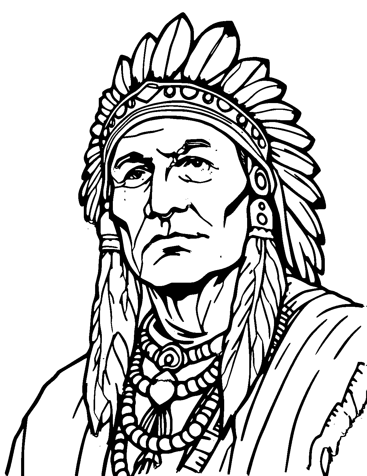 Line-art coloring page of Chief Joseph, medium outlines, centered