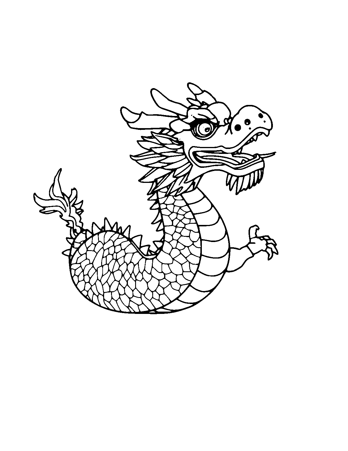 Line-art coloring page of Chinese Dragon Dance, medium outlines, centered