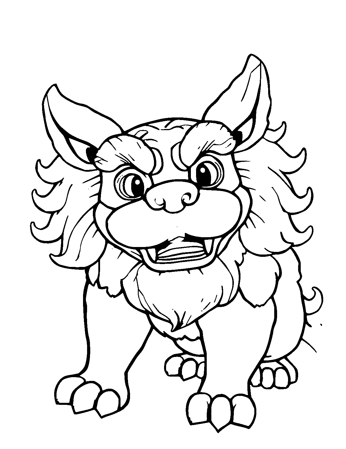 Line-art coloring page of Chinese Foo Dog, medium outlines, centered