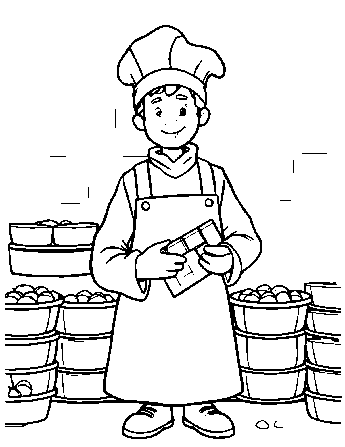 Line-art coloring page of Chocolate Factory Worker, medium outlines, centered