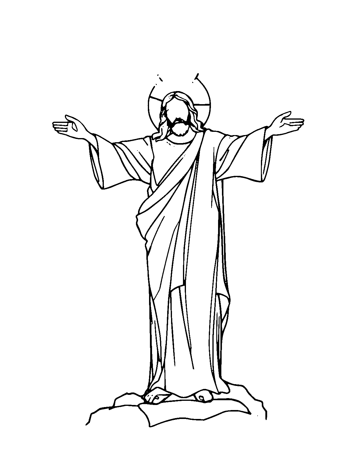 Line-art coloring page of Christ the Redeemer, medium outlines, centered