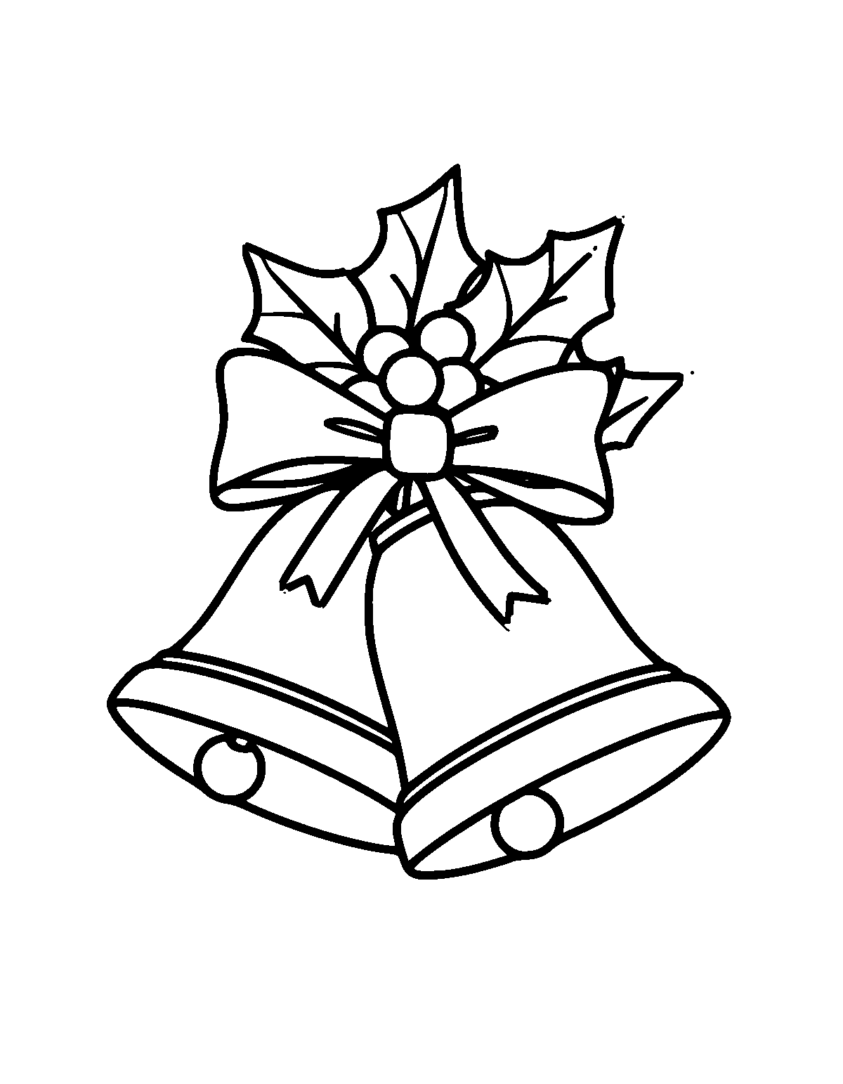 Line-art coloring page of Bells and Holly Christmas, bells and holly, thick outlines, centered