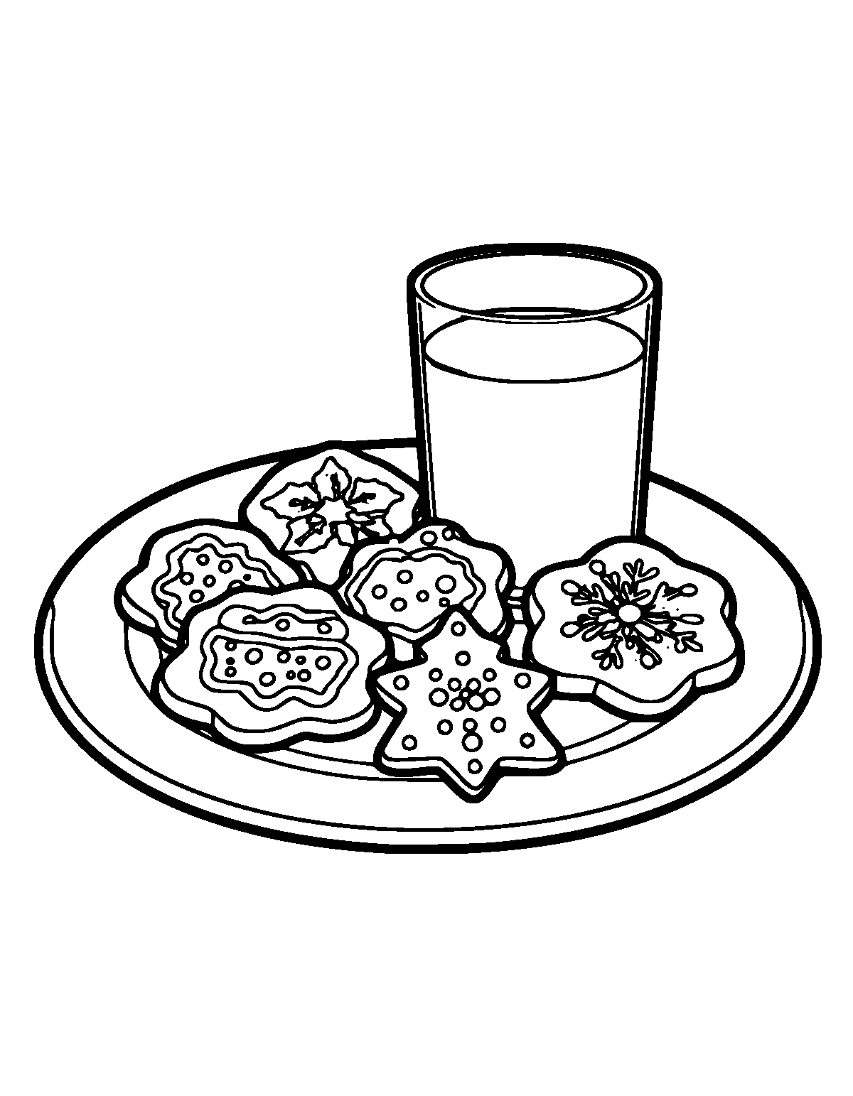 Line-art coloring page of Cookies and Milk Christmas, cookies and milk, medium outlines, centered